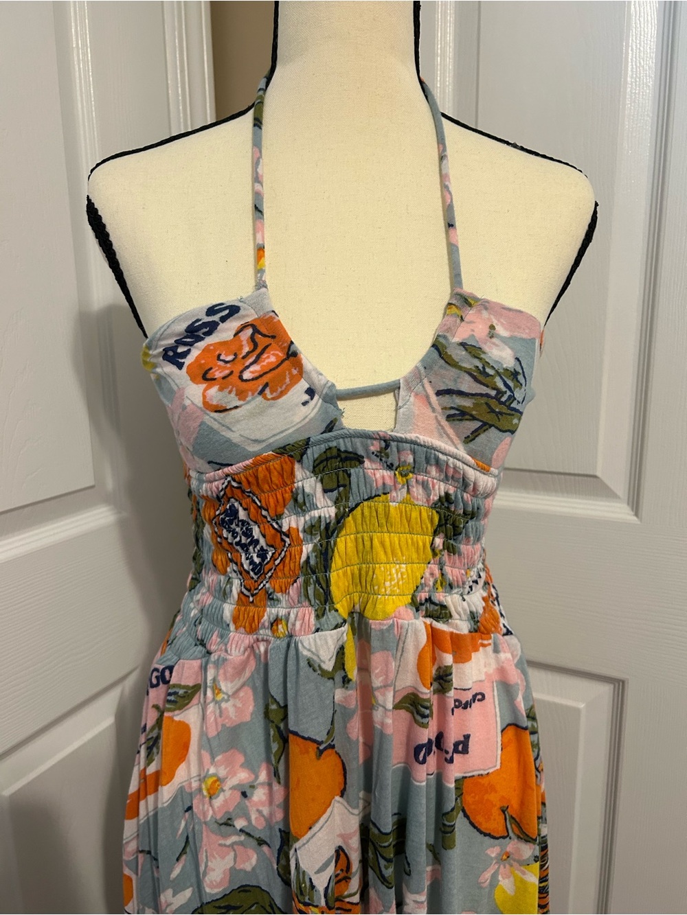 UO Out From Under Citrus Flower Print Smocked Halter Wide Leg Jumpsuit Orange S - Picture 6 of 9
